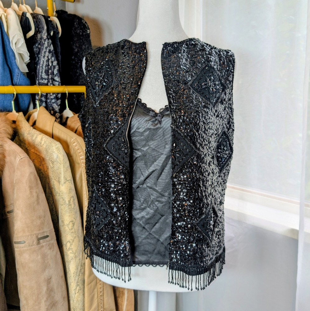 Vintage 80s Mohan's Black Sequin Beaded Fringe Vest